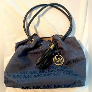Rare Michael By Michael Kors Leather Cinch Purse MK Monogram Navy W Hoop Handle